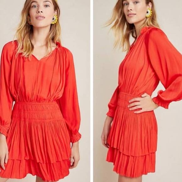 NEW Anthropologie Current Air Cecile Smocked Mini Dress Poppy Red Size Small - Picture 1 of 12